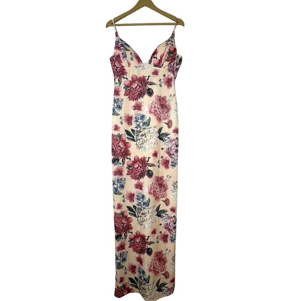 Emerald Sundae Floral Maxi Dress Sweetheart Neckline V-Back Tan Pink Large